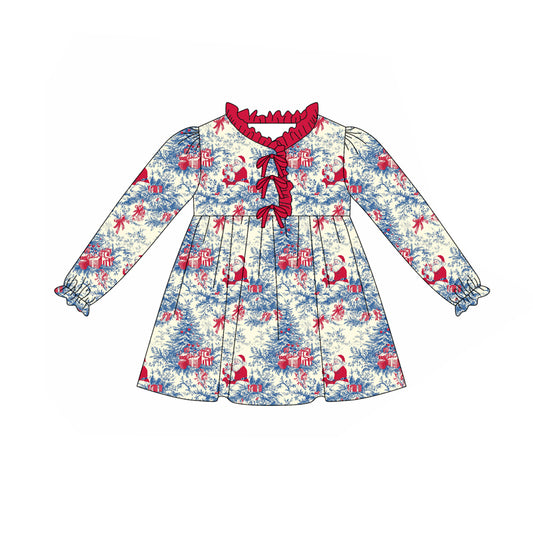 Preorder (moq 5)Baby Girls Long Ruffle Sleeves Santa Floral Knee Length Dresses