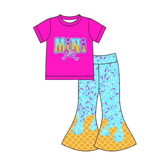 Preorder(moq 8)Baby Girls Drip Sprinkles Bows Mini Top Bell Bottom Pants Team Clothes Sets
