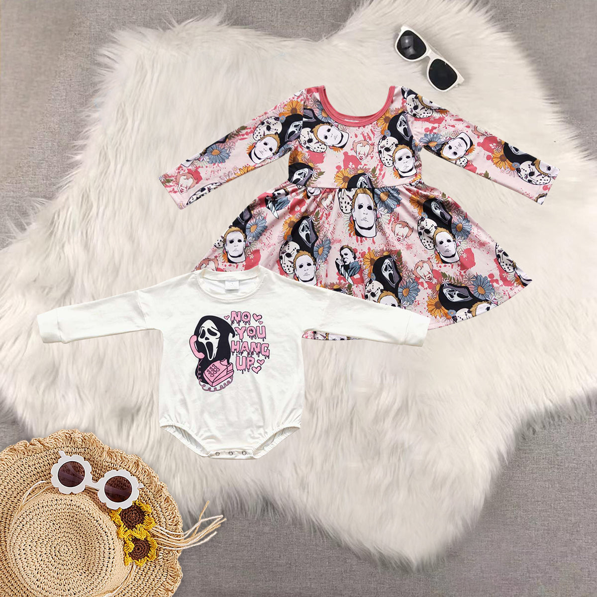 Sibling Baby Girls Long Sleeves Halloween Horrible Friends Dresses No You Hang Up Romper