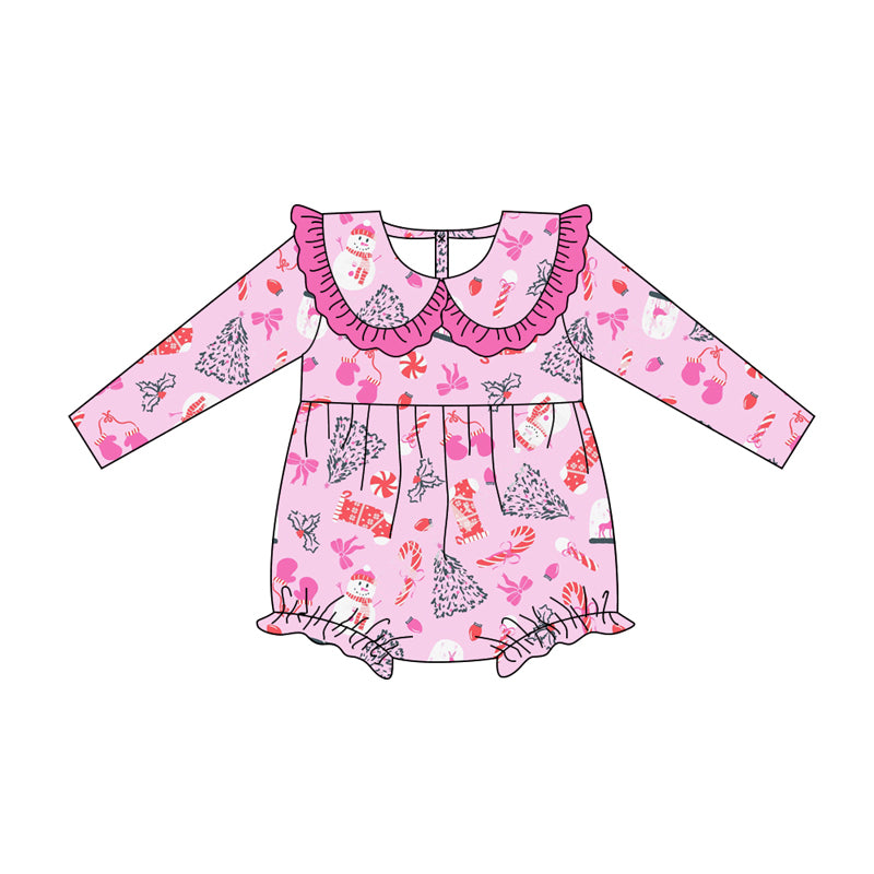 Preorder (moq 5)Baby Girls Pink Long Sleeves Snowman Trees Candy Cane Ruffle Romper