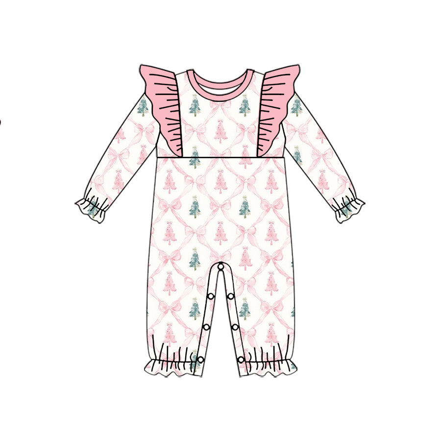 Preorder (moq 5)Baby Girls Long Sleeves Pink Bows Tress Plaid Ruffle Rompers