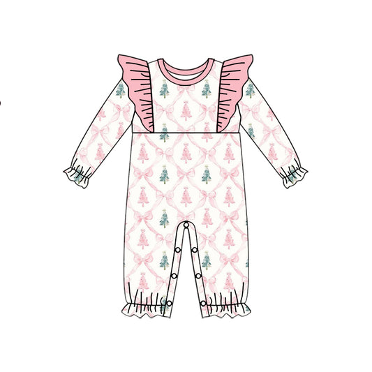 Preorder (moq 5)Baby Girls Long Sleeves Pink Bows Tress Plaid Ruffle Rompers