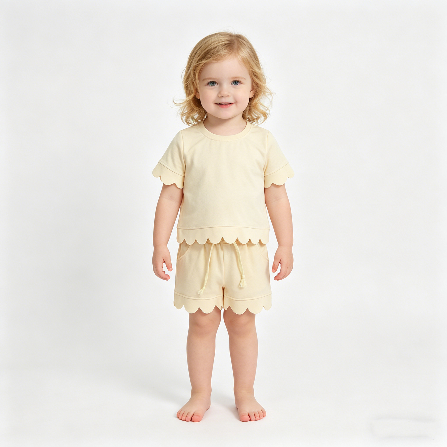 Sibling Baby Girls Short Sleeve Top Pockets Shorts Scallop Cotton Clothes Sets