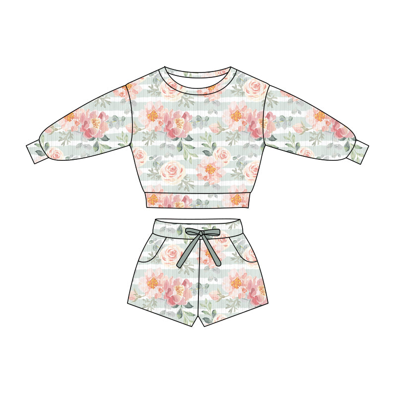 Preorder (moq 5)Baby Girls Colorful Flowers Stripe Top Pockets Shorts Clothes Sets