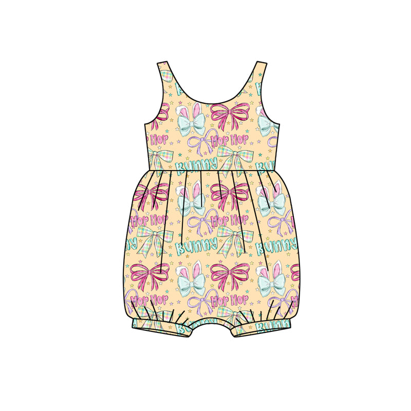 Preorder (moq 5)Baby Girls Sleeveless Rabbits Bows HOP Easter Ruffle Rompers