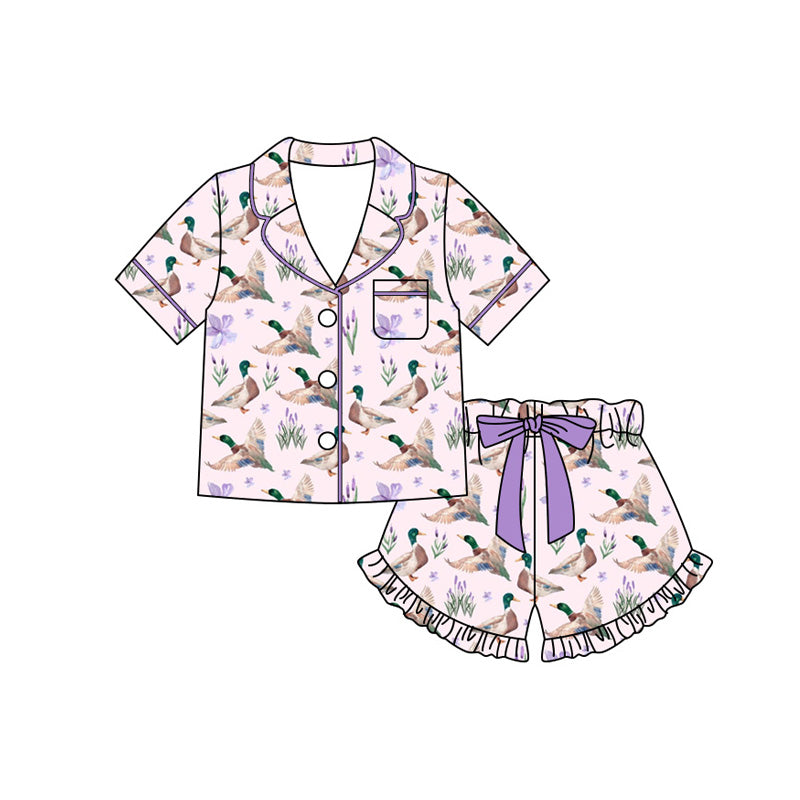 Preorder (moq 5)Baby Girls Bow Ducks Pocket Button Top Ruffle Short Hunting Pajamas Sets