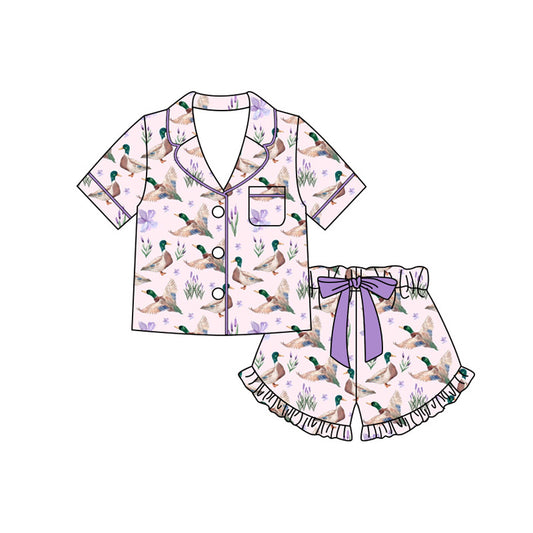 Preorder (moq 5)Baby Girls Bow Ducks Pocket Button Top Ruffle Short Hunting Pajamas Sets