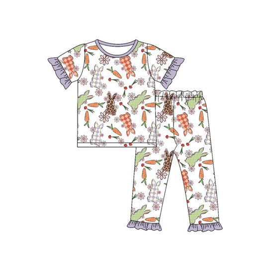 Preorder(moq 8)Baby Girls Rabbits Carrots Flowers Top Ruffle Pant Easter Pajamas Sets