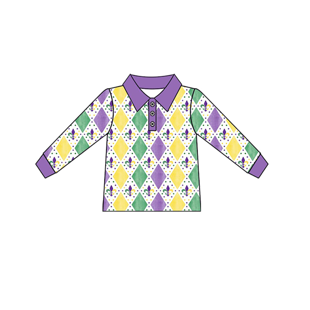Preorder (moq 5) Baby Boy Clothes Mardi Gras Diamond Fleur De Lis Print Long Sleeve Polo Shirt