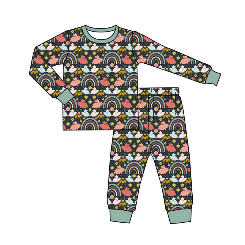 Preorder(moq 5) Baby Girls Rabbits Flowers Top Pants Easter Pajamas Sets