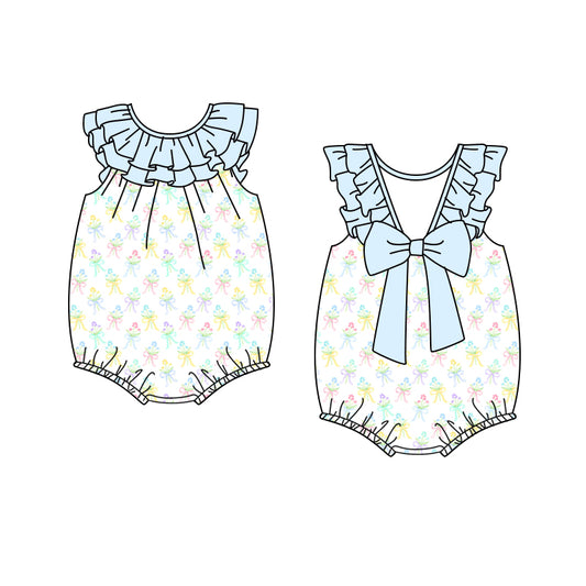 Preorder(moq 5)Baby Infant Girls Light Blue Sleeveless Colorful Bow Flowers Ruffle Rompers