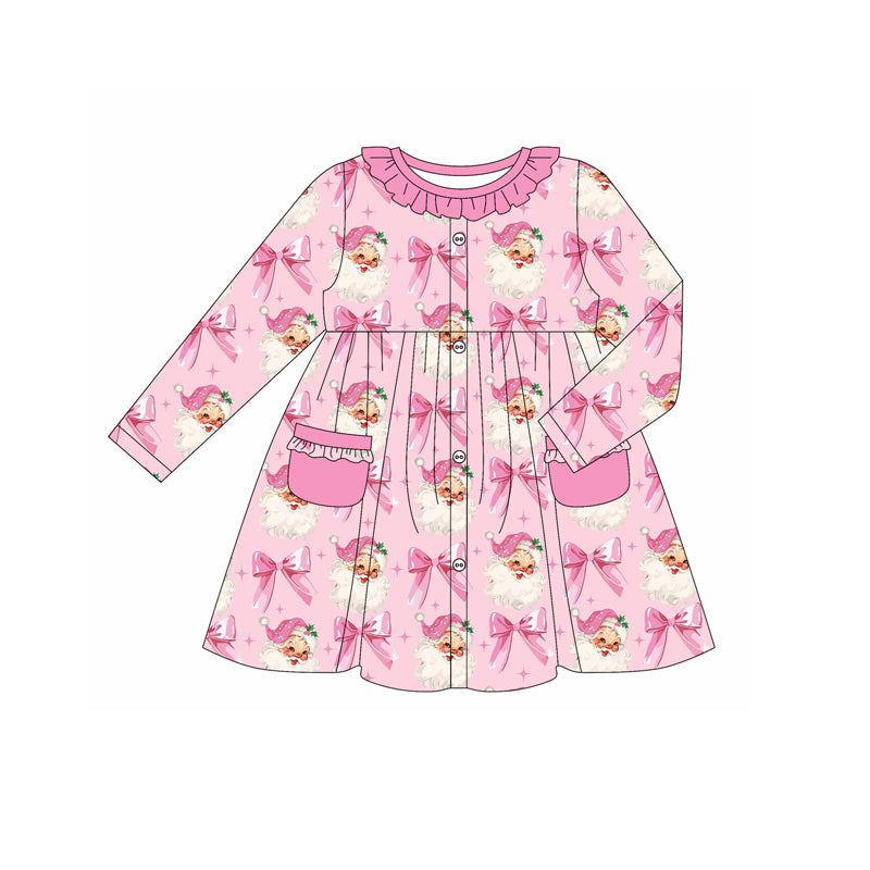 Preorder (moq 5)Baby Girls Pink Long Sleeves Bows Santa Pockets Button Ruffle Knee Length Dresses