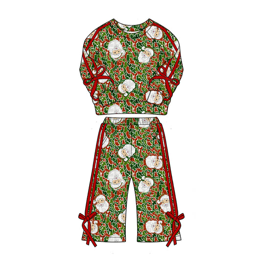 Preorder (moq 5)Baby Girls Green Red Camo Santa Top Flare Pant Christmas Clothes Set