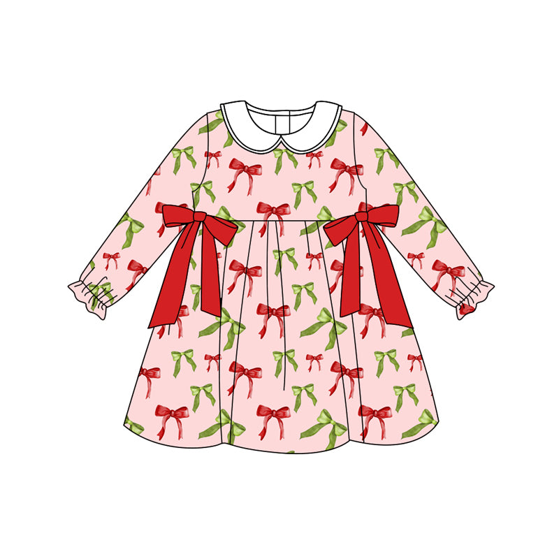 Preorder (moq 5)Baby Girls Long Ruffle Sleeves Pink Green Bows Plaid Knee Length Dresses