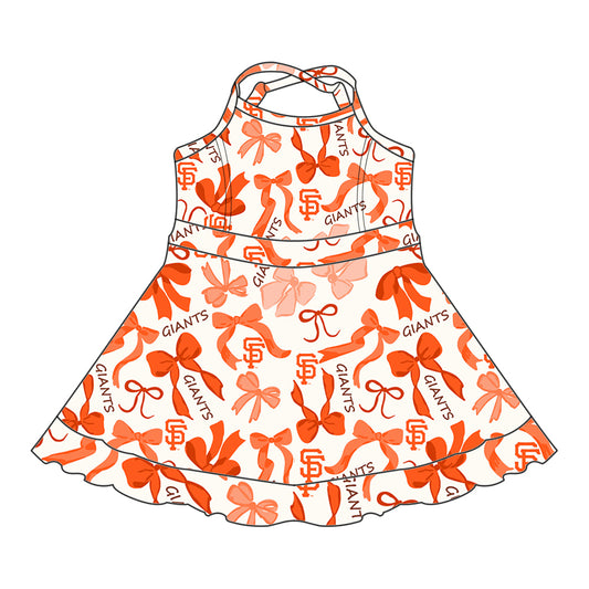 Preorder (moq 5)Baby Girls Strap Orange Bows Plaid Giants SF Short Ruffle Team Knee Length Dresses