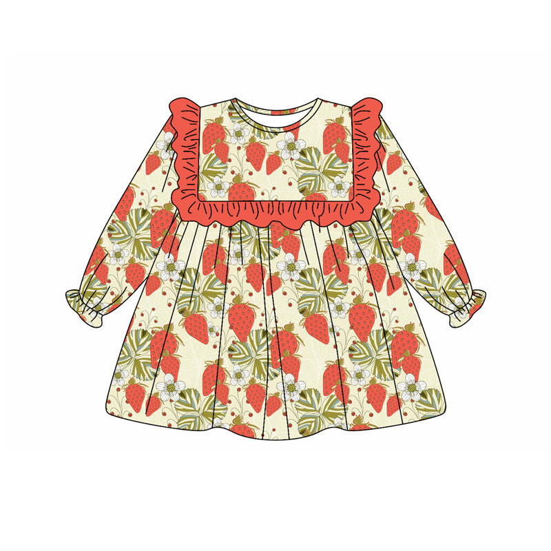 Preorder (moq 5)Baby Girls Long Ruffle Sleeves Leaves Strawberry Knee Length Dresses