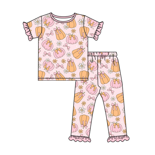 Preorder moq 5 Baby Girls Short Ruffle Sleeves Pink Bows Pumpkins Top Pants Pajamas Set