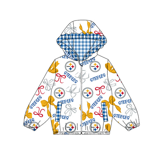 Preorder (moq 5)Baby Girls Bows Steeles Pockets Zipper Team Hoodie Jackets Top