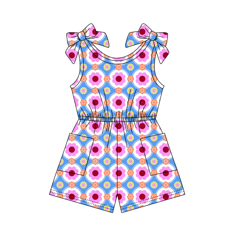 Preorder (moq 5)Baby Girls Bows Sleeveless Colorful Flowers Pockets Jumpsuits