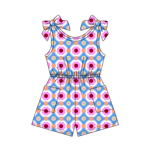 Preorder (moq 5)Baby Girls Bows Sleeveless Colorful Flowers Pockets Jumpsuits