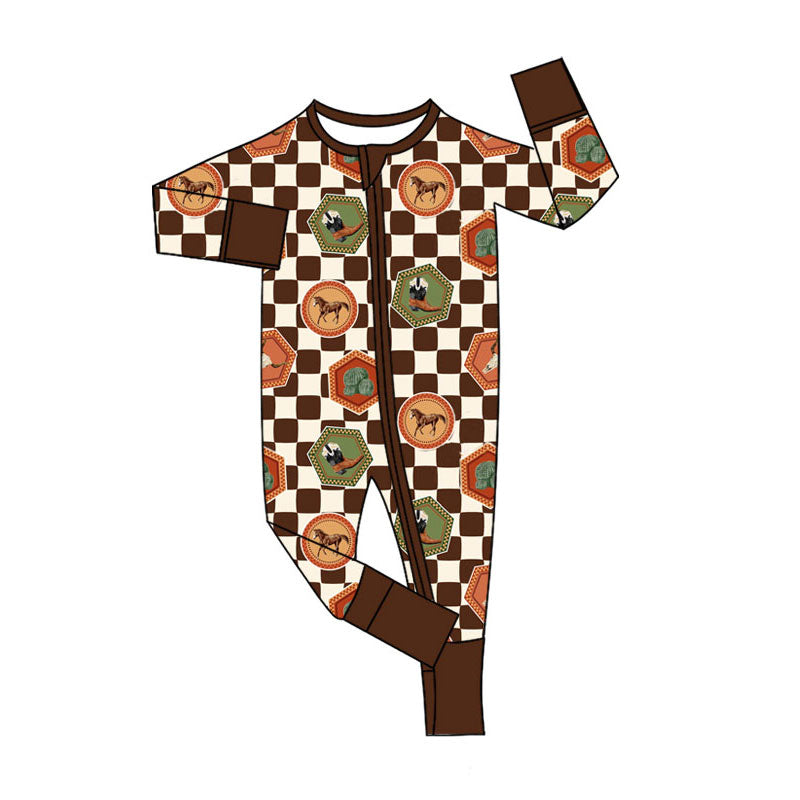 Preorder (moq 5)Baby Boys Boots Horses Checked Western Two Way Zip Convertible Rompers
