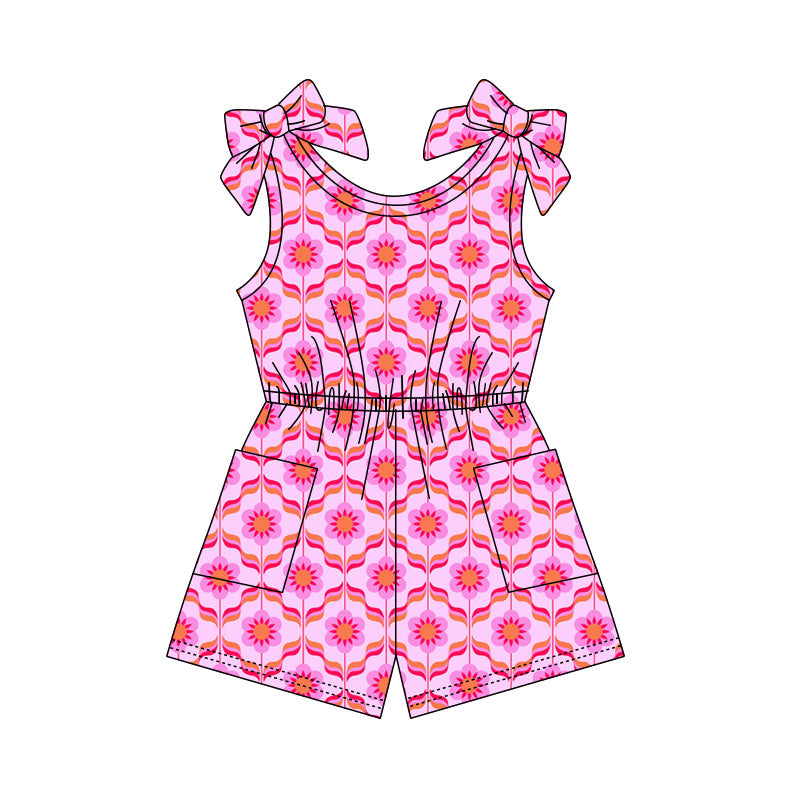 Preorder (moq 5)Baby Girls Bows Sleeveless Pink Flowers Checked Pockets Jumpsuits