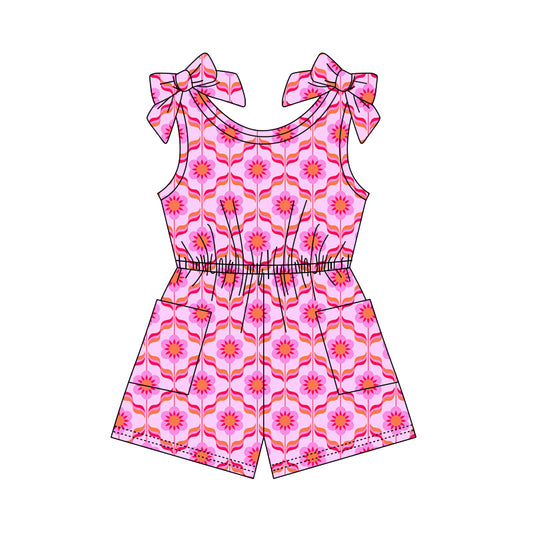 Preorder (moq 5)Baby Girls Bows Sleeveless Pink Flowers Checked Pockets Jumpsuits