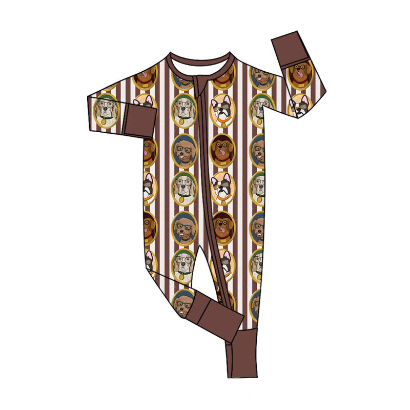 Preorder (moq 5)Baby Boys Brown Stripe Dogs Two Way Zip Convertible Rompers