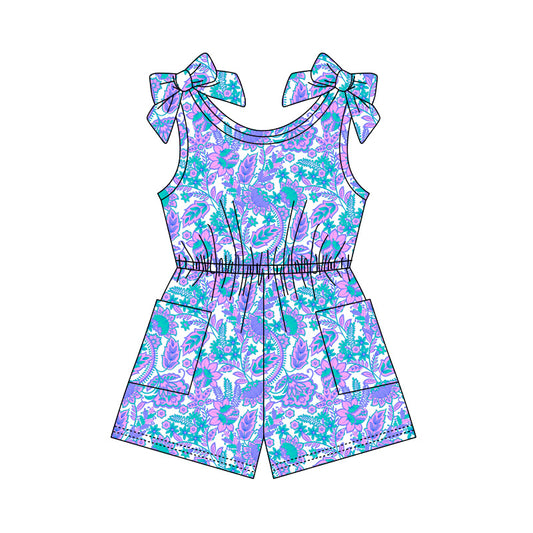 Preorder (moq 5)Baby Girls Bows Sleeveless Colorful Flowers Pockets Jumpsuits