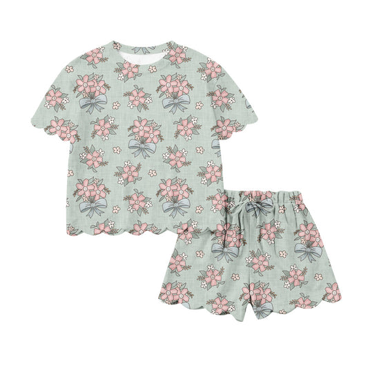 Preorder (moq 5)Baby Girls Flowers Bows Top Scallop Shorts Clothes Sets