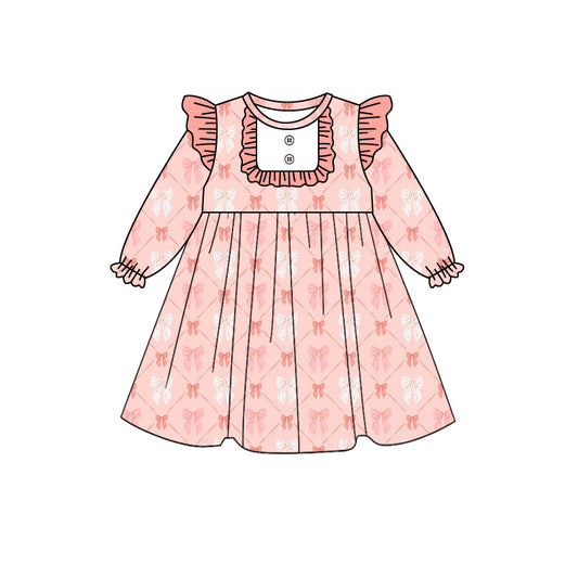 Preorder (moq 5)Baby Girls Coral Bows Ruffle Knee Length Dresses