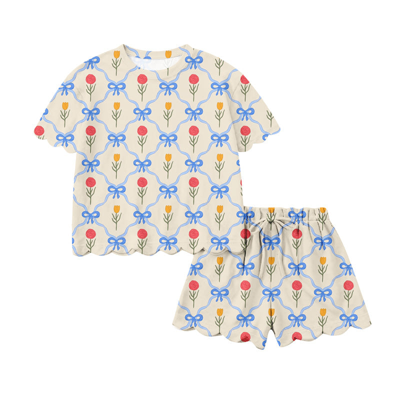 Preorder (moq 5)Baby Girls Flowers Bows Checked Top Scallop Shorts Clothes Sets