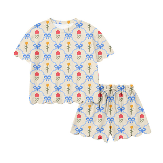 Preorder (moq 5)Baby Girls Flowers Bows Checked Top Scallop Shorts Clothes Sets