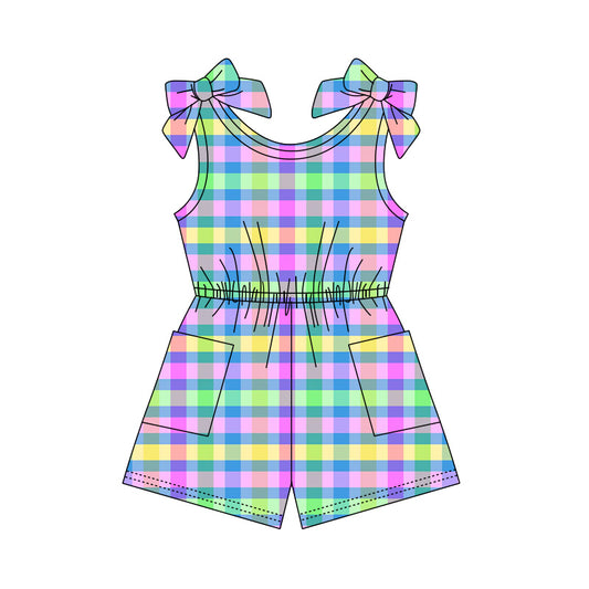 Preorder (moq 5)Baby Girls Bows Sleeveless Colorful Chekced Pockets Jumpsuits