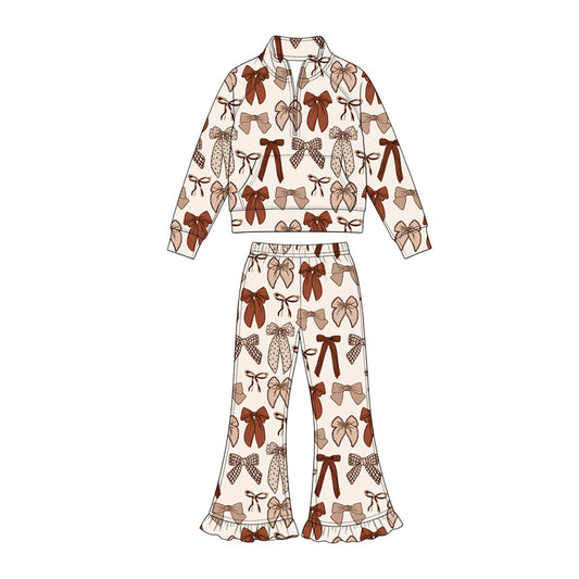 Preorder (moq 5)Baby Girls Bows Zip Pocket Pullover Top Bell Bottom Pant Fall Clothes Sets