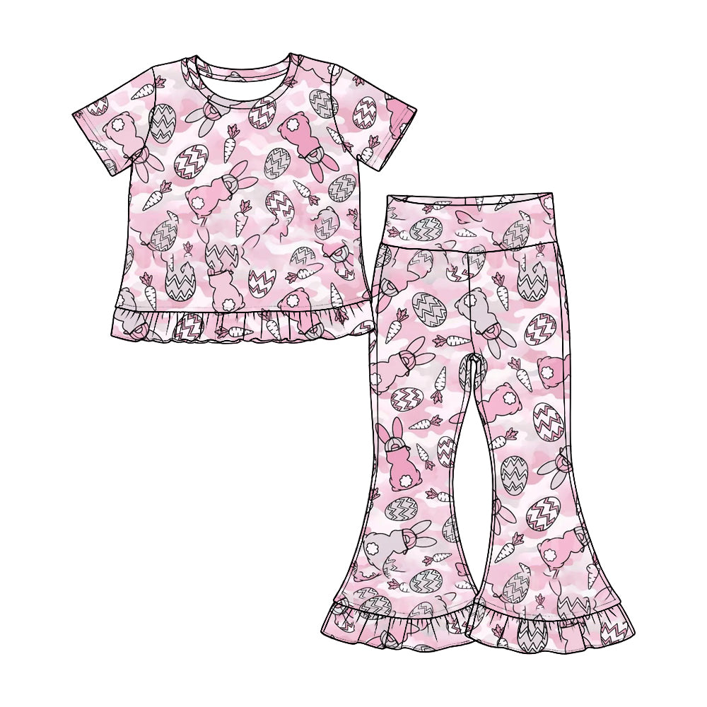 Preorder(moq 5) Girls Ruffle Short Sleeve Top & Ruffle Flare Pants Set Kids Two‑Piece Casual Outfit Set