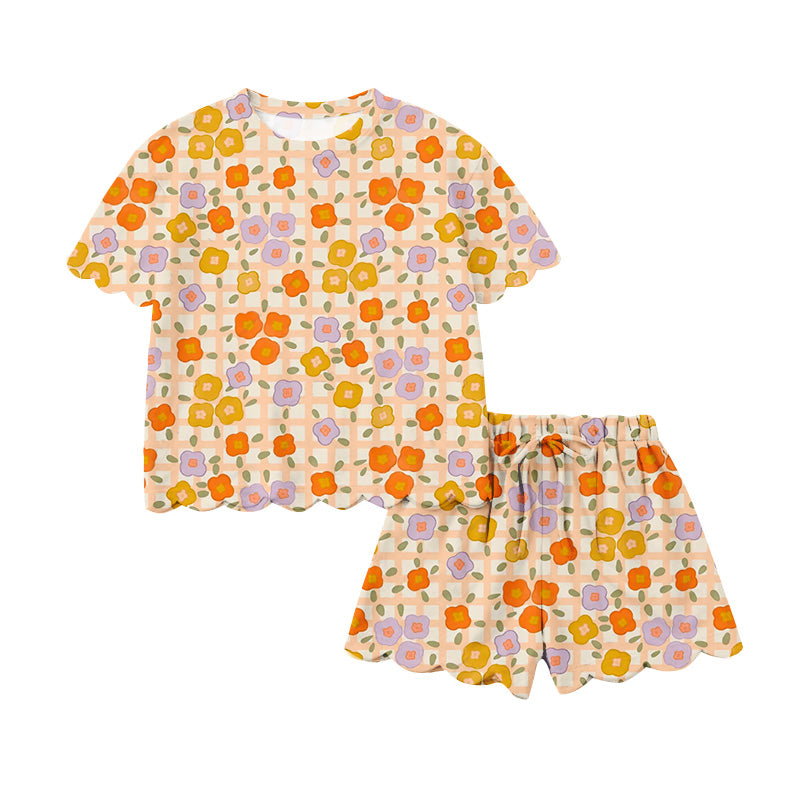 Preorder (moq 5)Baby Girls Small Flower Checked Top Scallop Shorts Clothes Sets