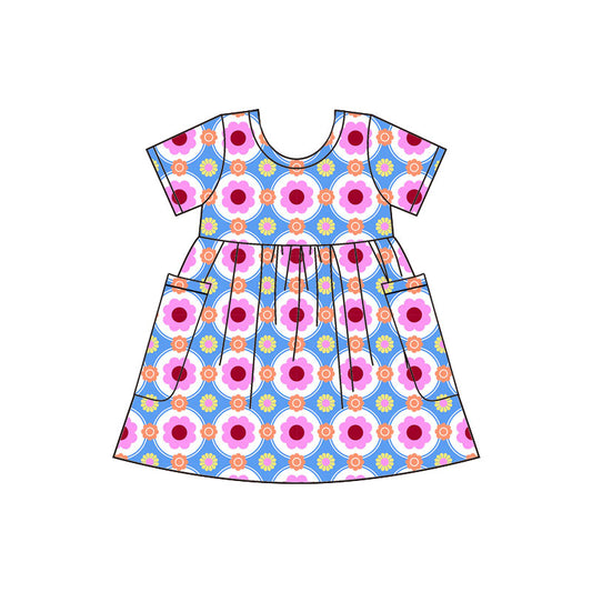 Preorder (moq 5)Baby Girls Short Sleeve Colorful Flowers Pockets Knee Length Dresses