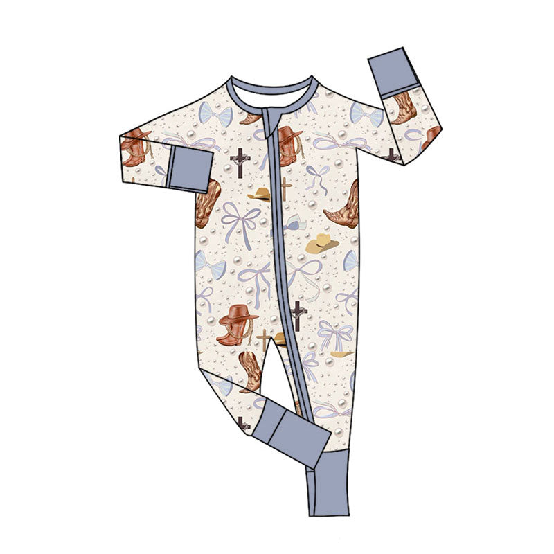 Preorder (moq 5)Baby Boys Boots Hats Bows Western Two Way Zip Convertible Rompers