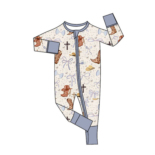 Preorder (moq 5)Baby Boys Boots Hats Bows Western Two Way Zip Convertible Rompers