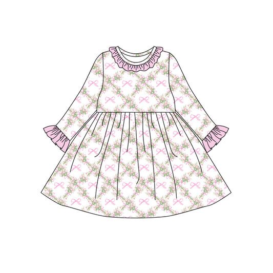 Preorder(moq 5) Baby Girls Long Ruffle Sleeves Pink Bows Flowers Plaid Knee Length Dresses