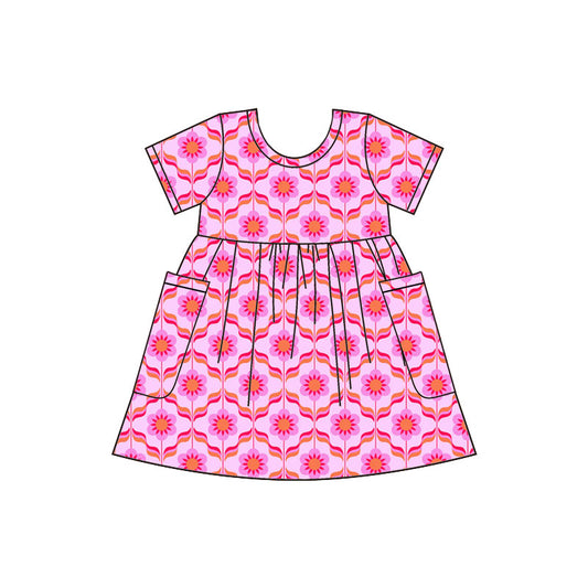 Preorder (moq 5)Baby Girls Short Sleeve Flowers Checked Pockets Knee Length Dresses