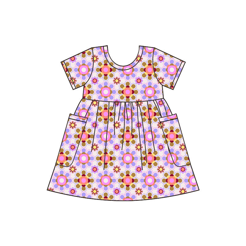 Preorder (moq 5)Baby Girls Short Sleeve Checked Flowers Pockets Knee Length Dresses