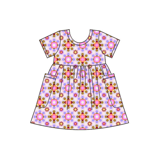 Preorder (moq 5)Baby Girls Short Sleeve Checked Flowers Pockets Knee Length Dresses