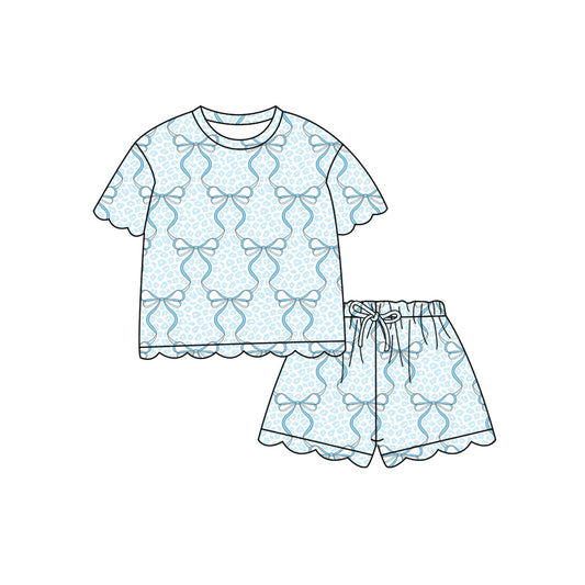 Preorder (moq 5)Baby Girls Aqua Bows Leopard Top Scallop Shorts Clothes Sets
