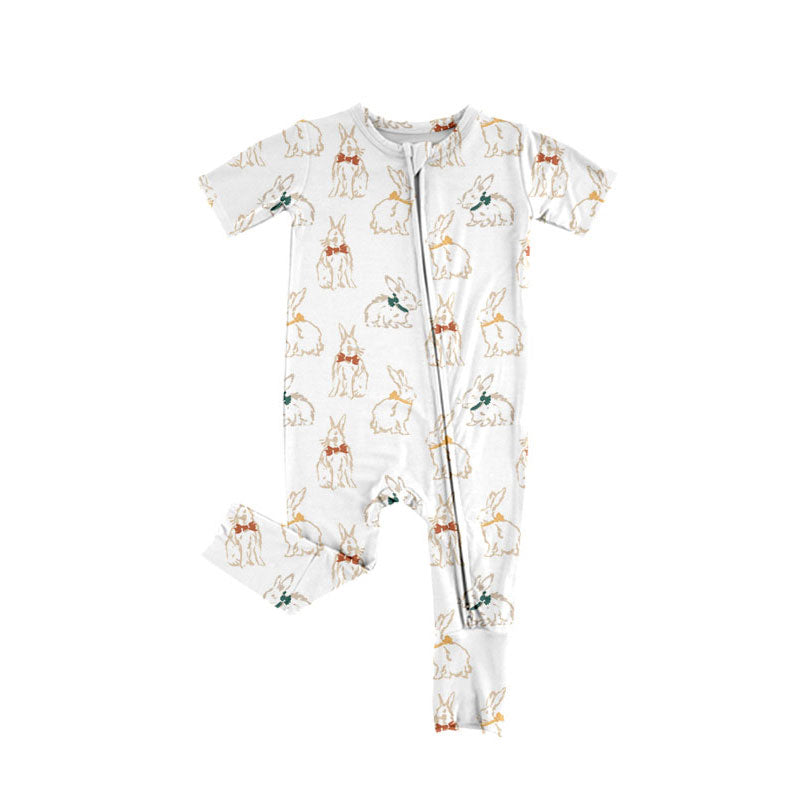 Preorder (moq 5)Baby Girls Bow Rabbits Easter Two Way Zip Convertible Rompers