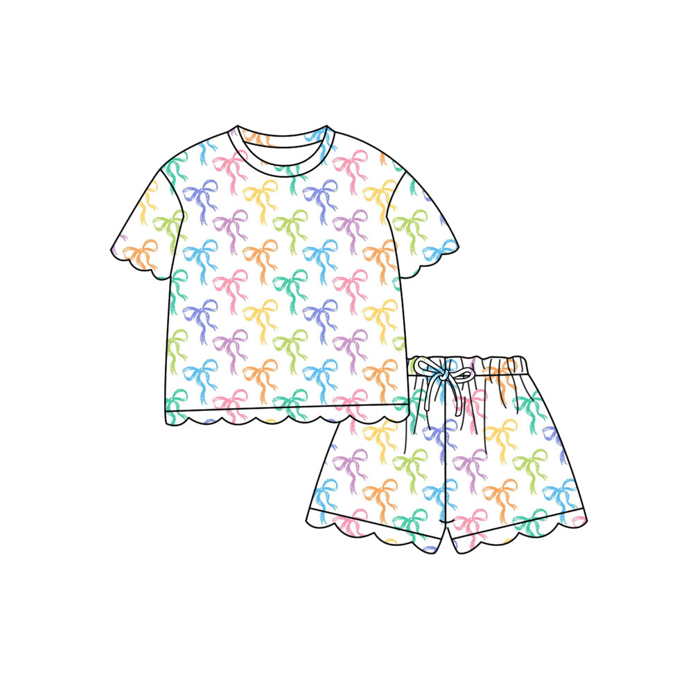 Preorder (moq 5)Baby Girls Colorful Bows Plaid Top Scallop Shorts Clothes Sets