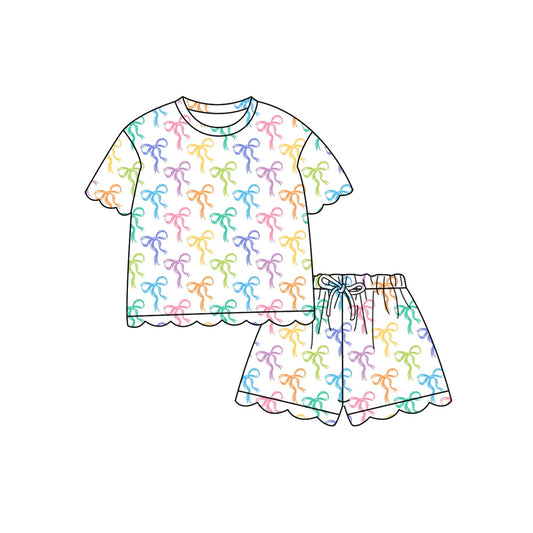 Preorder (moq 5)Baby Girls Colorful Bows Plaid Top Scallop Shorts Clothes Sets