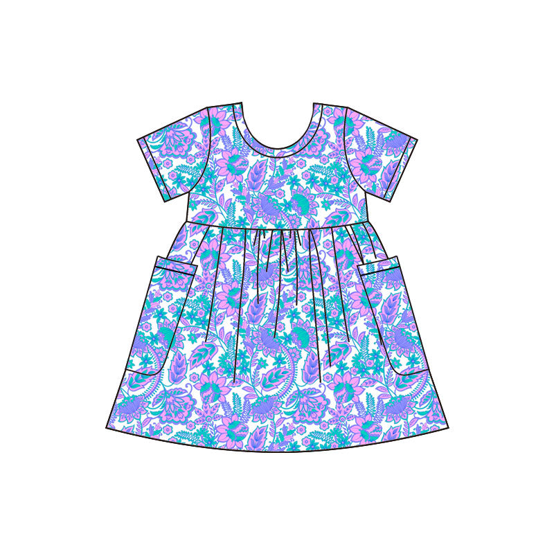 Preorder (moq 5)Baby Girls Short Sleeve Checked Flowers Pockets Knee Length Dresses