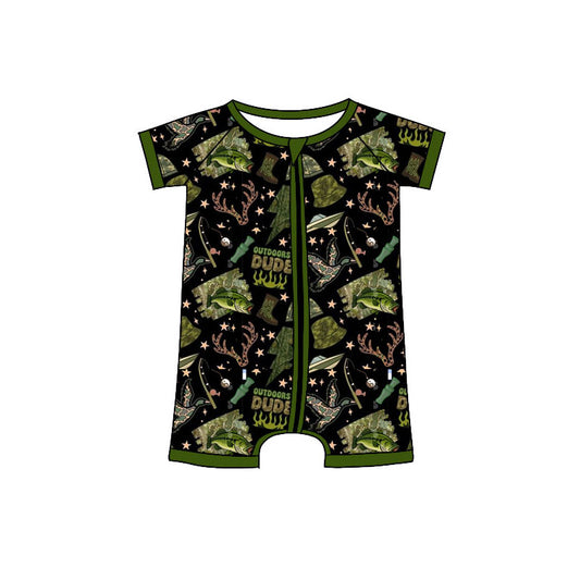 Preorder (moq 5)Baby Boys Green Deer Ducks Fishing Hunting Zipper Shorts Rompers